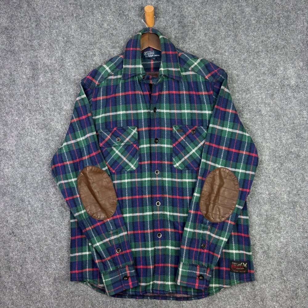 Polo Ralph Lauren Flannel Shirt Mens L Green Plaid Wool Blend Elbow Patch 0652